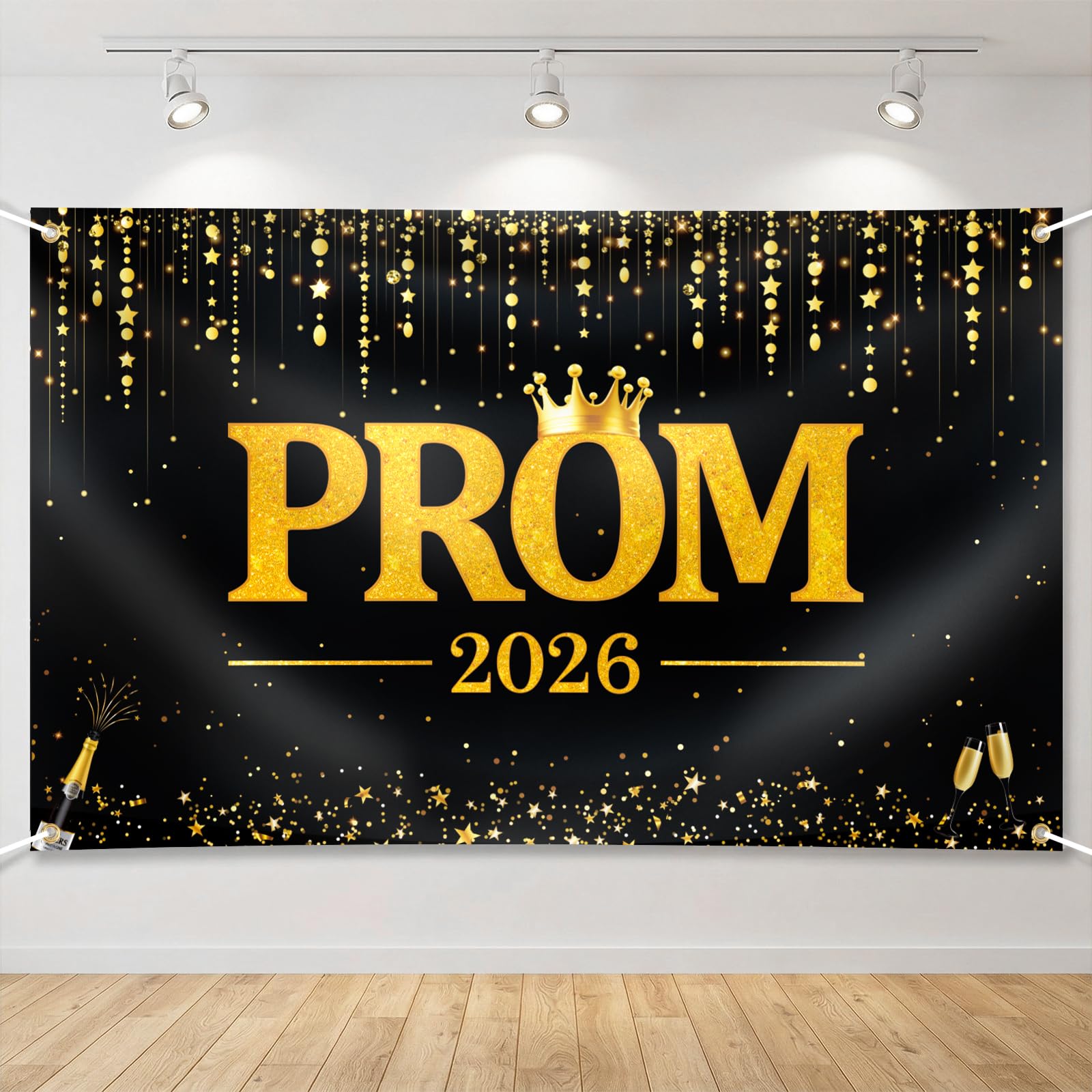 DOORIO Prom 2026 Banner Black Gold Prom Party Backdrop Decoration 72×43 Inch Large Prom Night Photo Backdrop 2026 Graduation Party Supplies