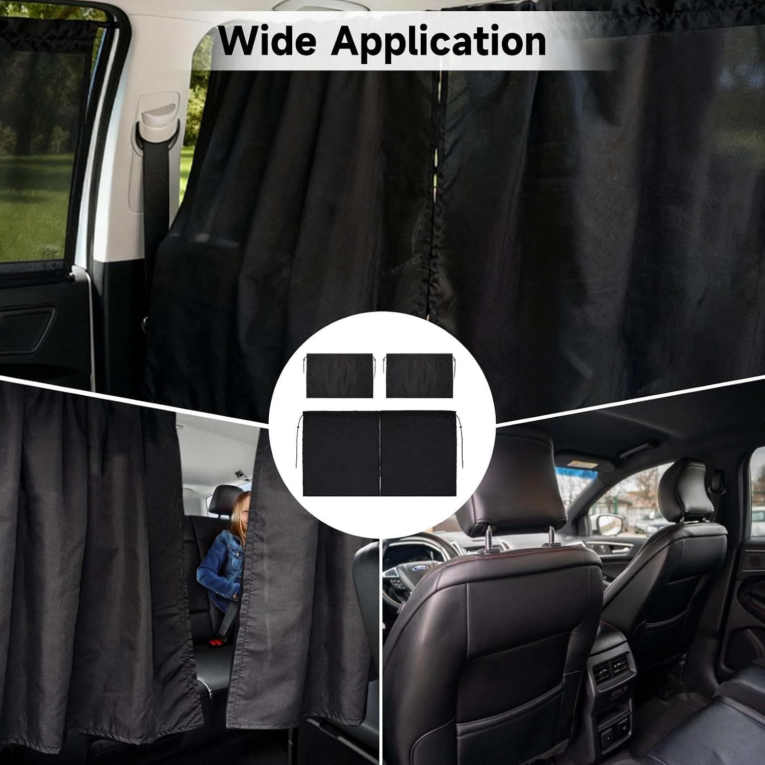 3 Pcs Car Privacy Curtains Set, Black Divider Curtain 55.1"x27.6" & 2 Window Shades - Polyester Fabric for Substantial Privacy, Universal Fit for Most Vehicles