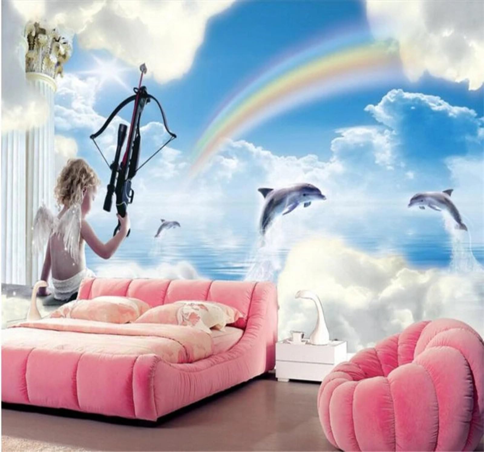 Beautiful Ocean Dolphins Rainbow Angels 3D Wallpaper Easy Install Feature Office Living Room Sofa Bedroom TV Background Wall Decoration-150cm×105cm
