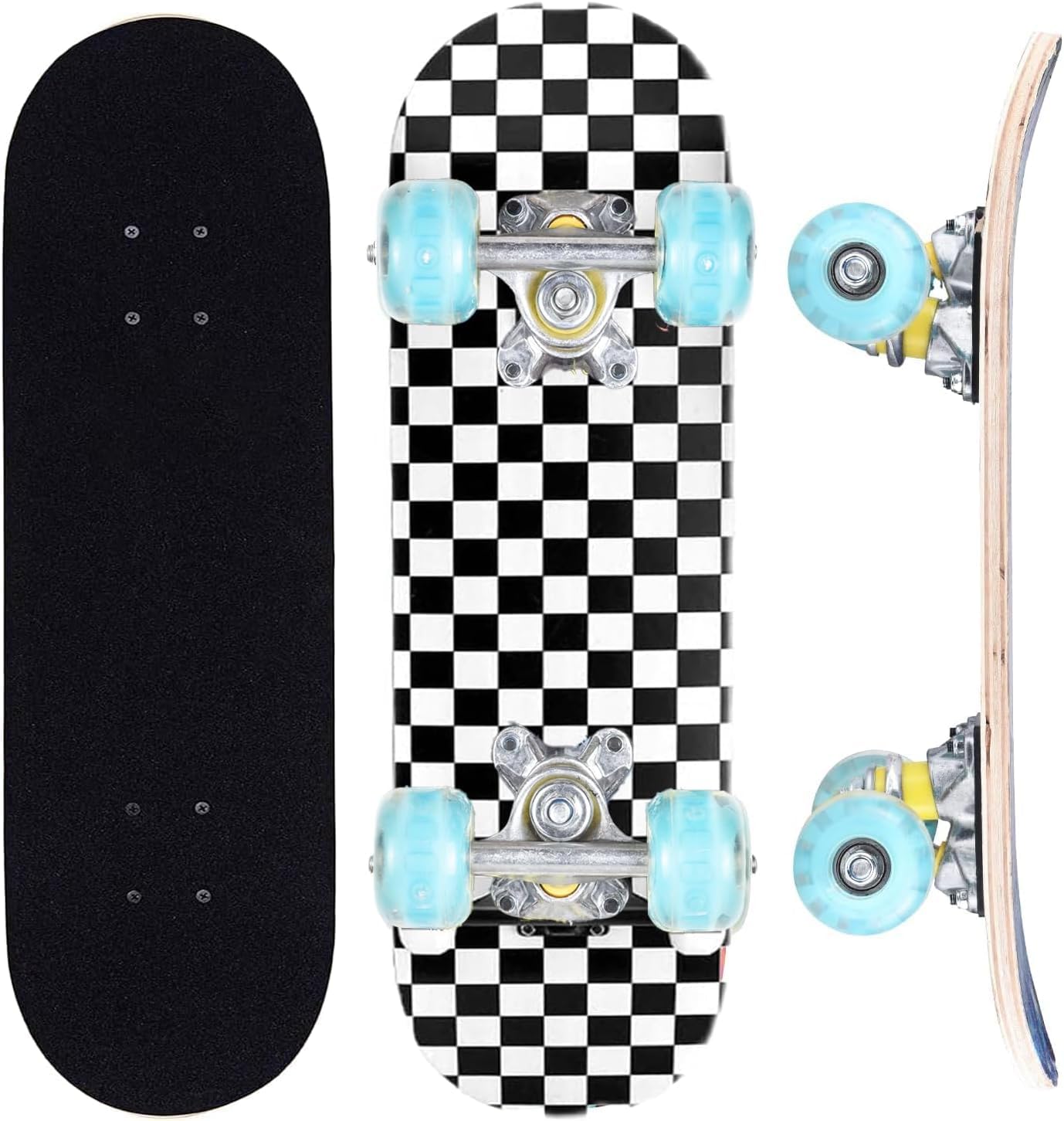 ERNAN Compleet skateboard voor beginners, 80 x 20 cm, compleet skateboard, concaaf Double Kick Deck met 7 lagen voor volwassenen, jongens, meisjes (Black and White Letter