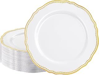 Hioasis 60pcs Gold Plastic Plates - White and Gold Disposable Dinnerware with Gold Rim, Heavy-duty, 10.25 inch, Dinner Plates for Party & Wedding