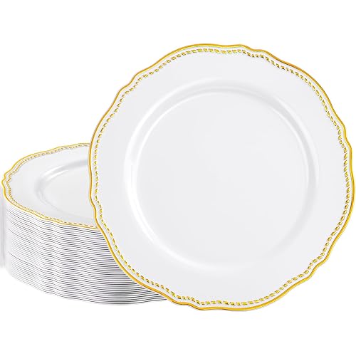 Hioasis 60pcs Gold Plastic Plates - White and Gold Disposable Dinnerware with Gold Rim, Heavy-duty, 10 inch, Dinner Plates for Party & Wedding