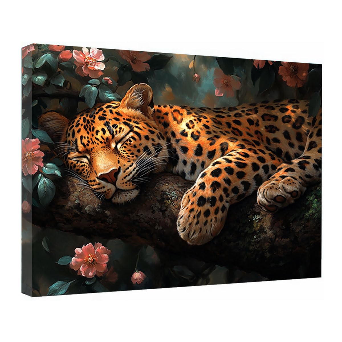 TZKRWRH Cheetah Wall Art Print, Panther Picture Leopards In Floral Foliage Mid Century Retro Design, Minimalist Painting Poster Wild Animal Art Bedroom Canvas(Brown 24)-70x100cm Framed