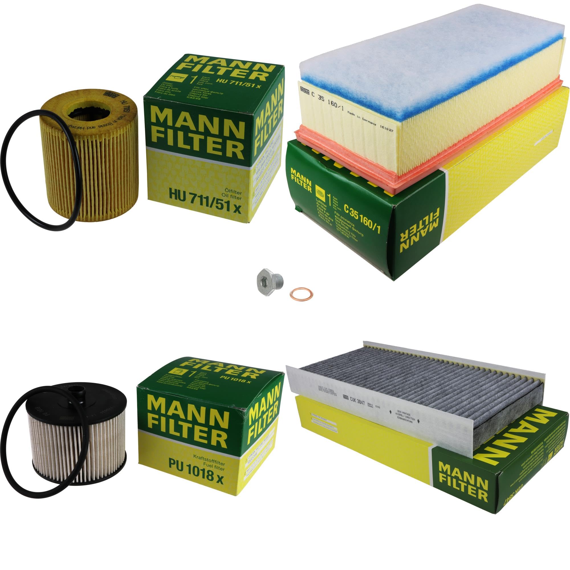 Paquete de inspección Kit de mantenimiento de filtros con filtro de aceite HU 711/51 x, filtro de aire C 35 160/1, filtro de combustible PU 1018 x, filtro de habitáculo CUK 3847, tornillo de