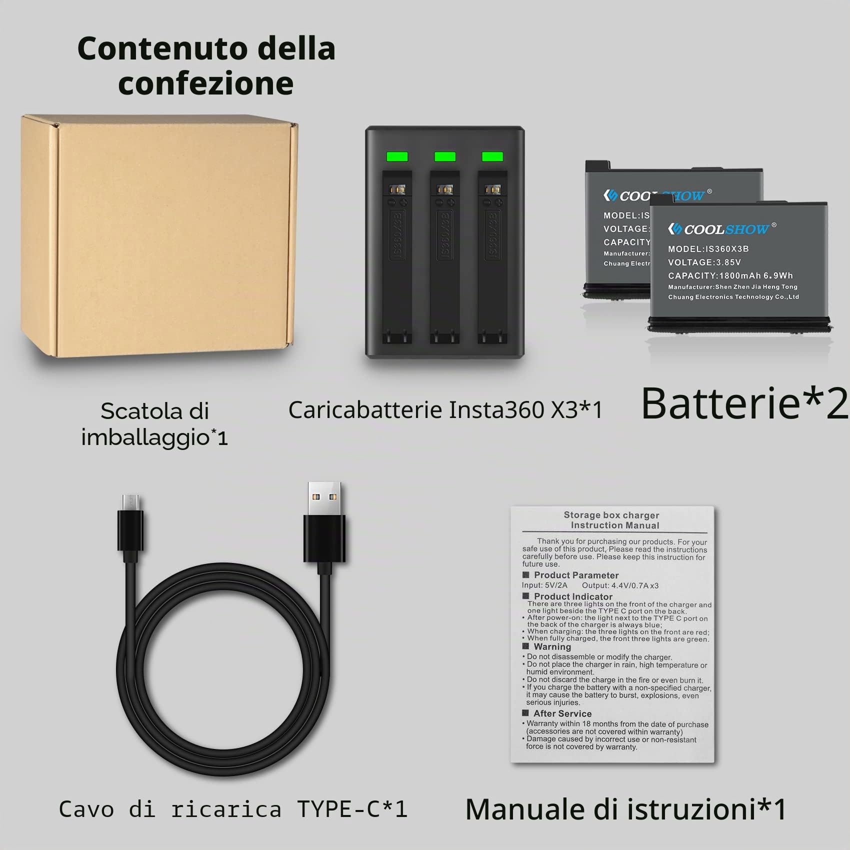 COOLSHOW Action Camera X3 Batteria 1800mAh 2 pezzi e X3 Caricabatterie Triplo con Type-C e Micro USB di ricarica Compatibile con X3 fotocamera (Sostituzione della X3 Batteria)