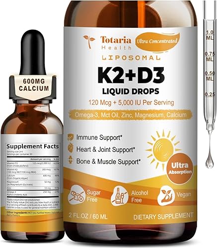 Totaria Gotas líquidas liposomales 6 en 1 de vitamina D3 K2 con 600 mg de calcio, 5,000 UI de vitamina D3 líquida con K2, multivitamínico para la