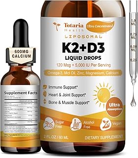 Totaria Liposomal 6-in-1 Vitamin D3 K2 Liquid Drops with 600mg Calcium - 5,000 IU Liquid Vitamin D3 with K2, Multivitamin for Bone & Heart Health - Supports Calcium Absorption, Gluten Free, Non-GMO