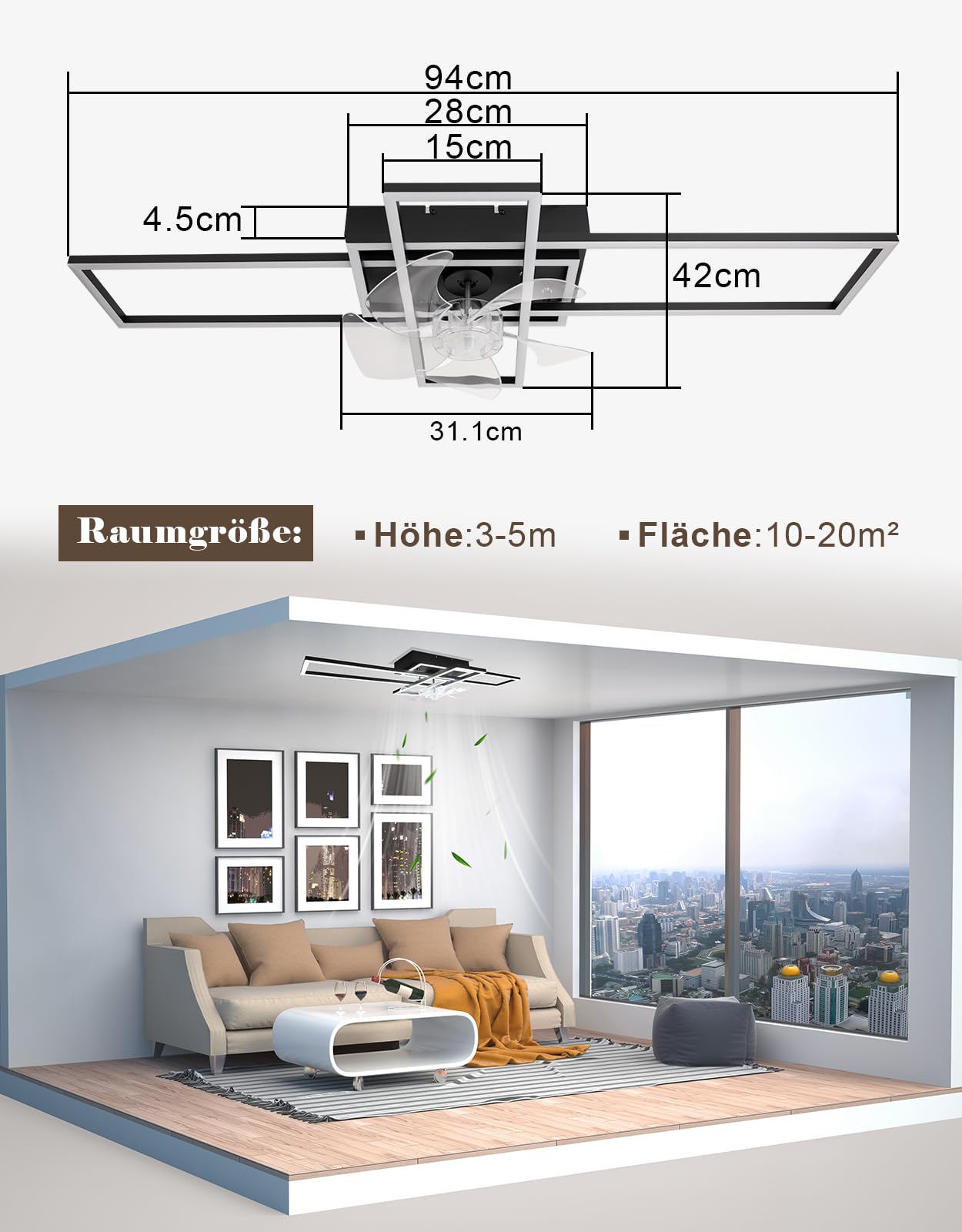 Homefire Lámpara de techo moderna con ventilador de 94cm - Ventilador de | techo con luz, 6 velocidades, LED, regulable, con mando a distancia y temporizador para salón, comedor y dormitorio