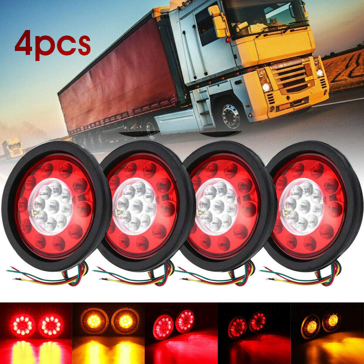 Okrągłe światło hamowania LED, 4 x 4,37 cala 19 LED czarne gumowe światło hamowania tylne kierunkowskazy kierunkowskazu lampa sygnałowa hamulca pasuje do samochodu ciężarowego (kolor żółty LED)