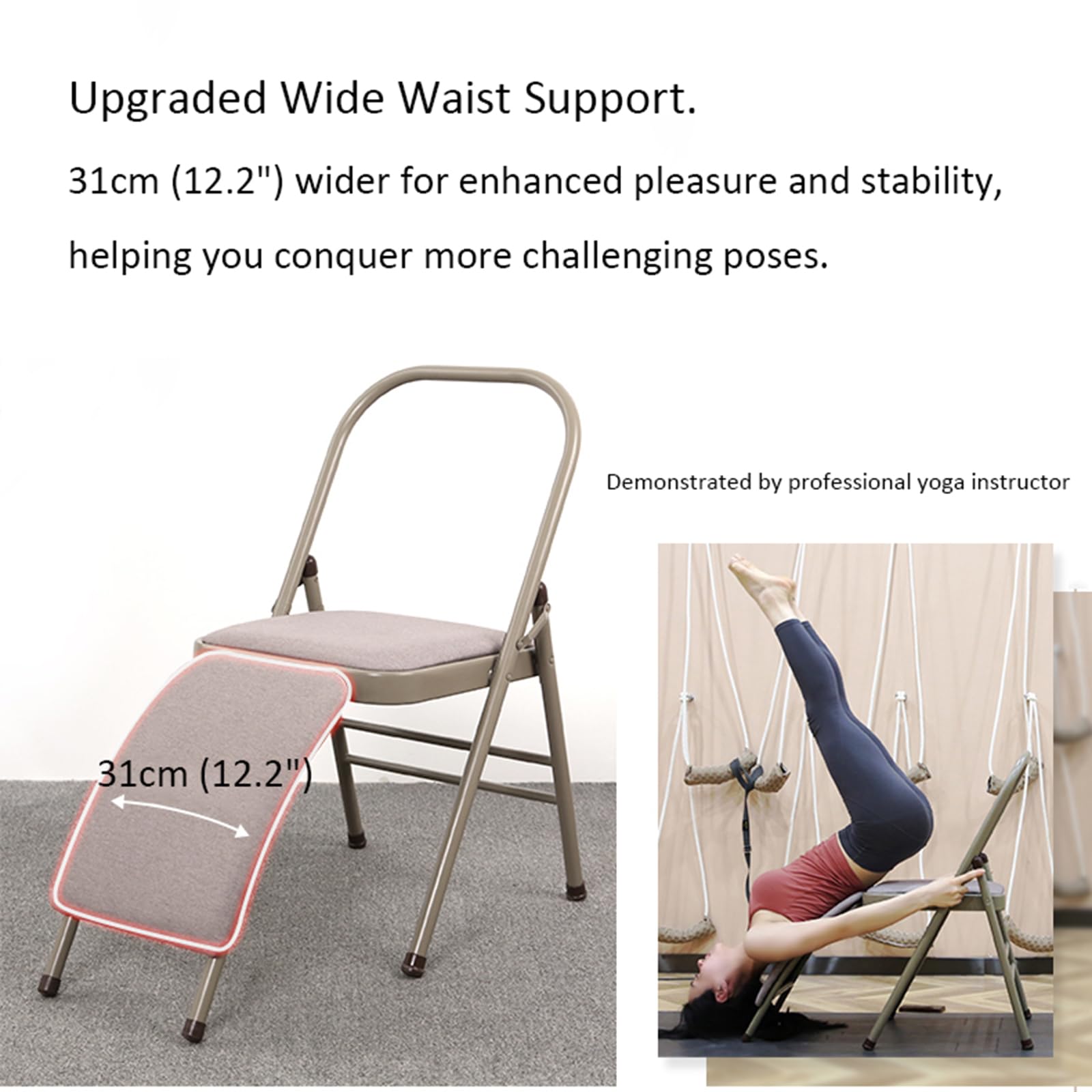 Silla de yoga plegable moderna con soporte lumbar, silla de asistencia portátil para principiantes, diseño que ahorra espacio, cómoda mezcla de algodón y lino gris para práctica de yoga