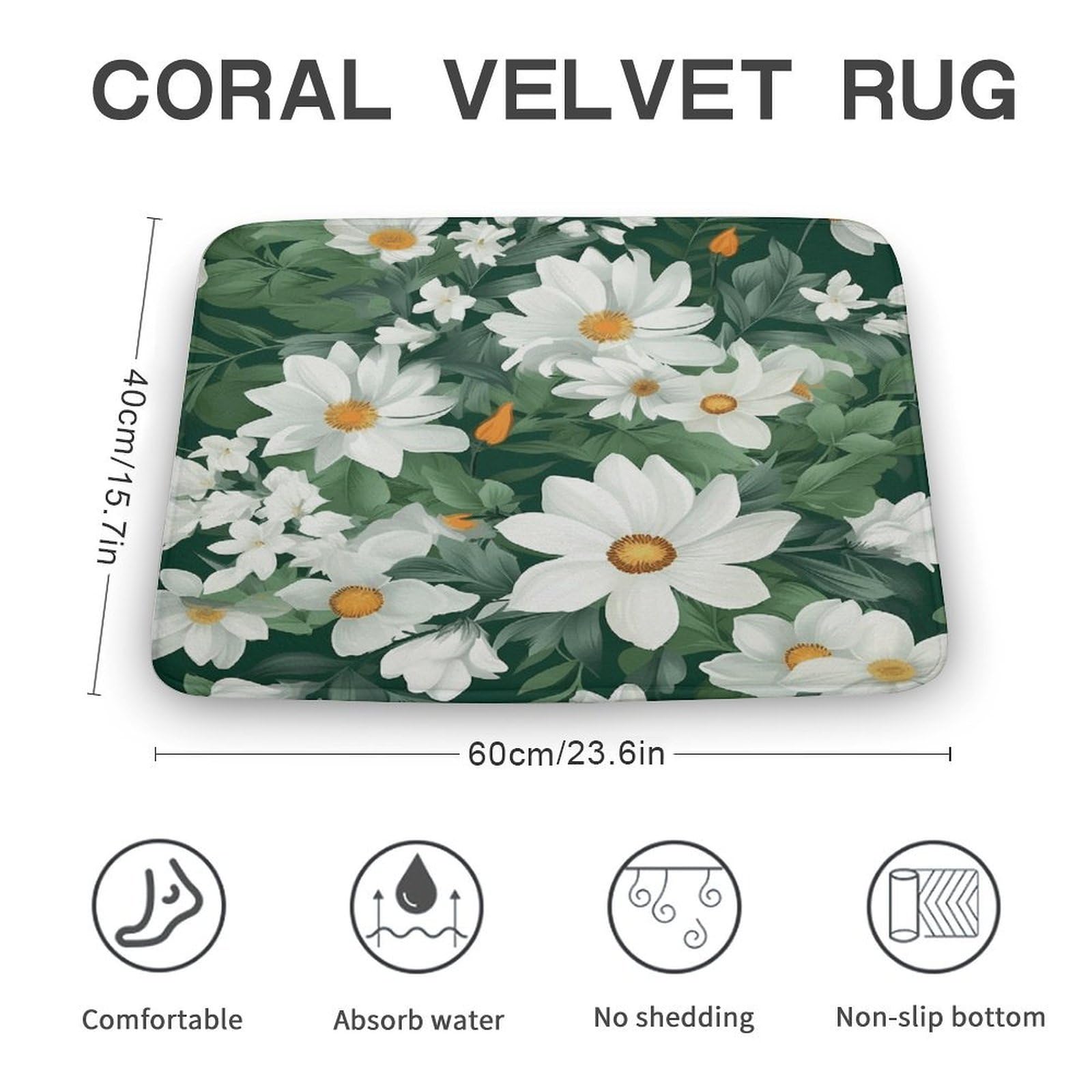 Tapete de bienvenida para interiores y exteriores, antideslizante, hojas verdes y flores blancas, tapete para entrada, porche, lavandería, baño, dormitorio, alfombra de 40 cm x 60 cm
