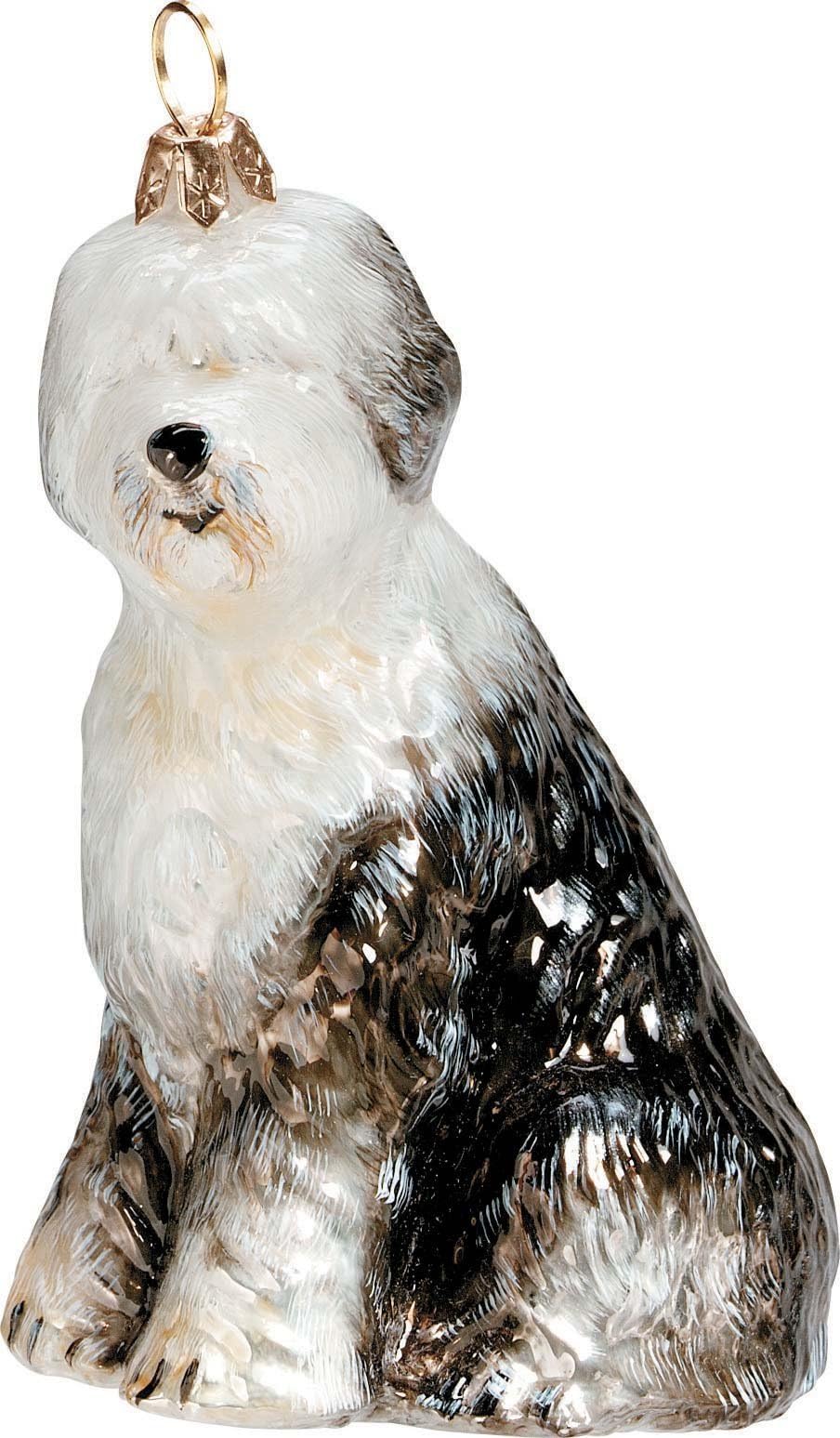 Joy To The World Old English Sheepdog Polish Blown Glass Christmas Ornament