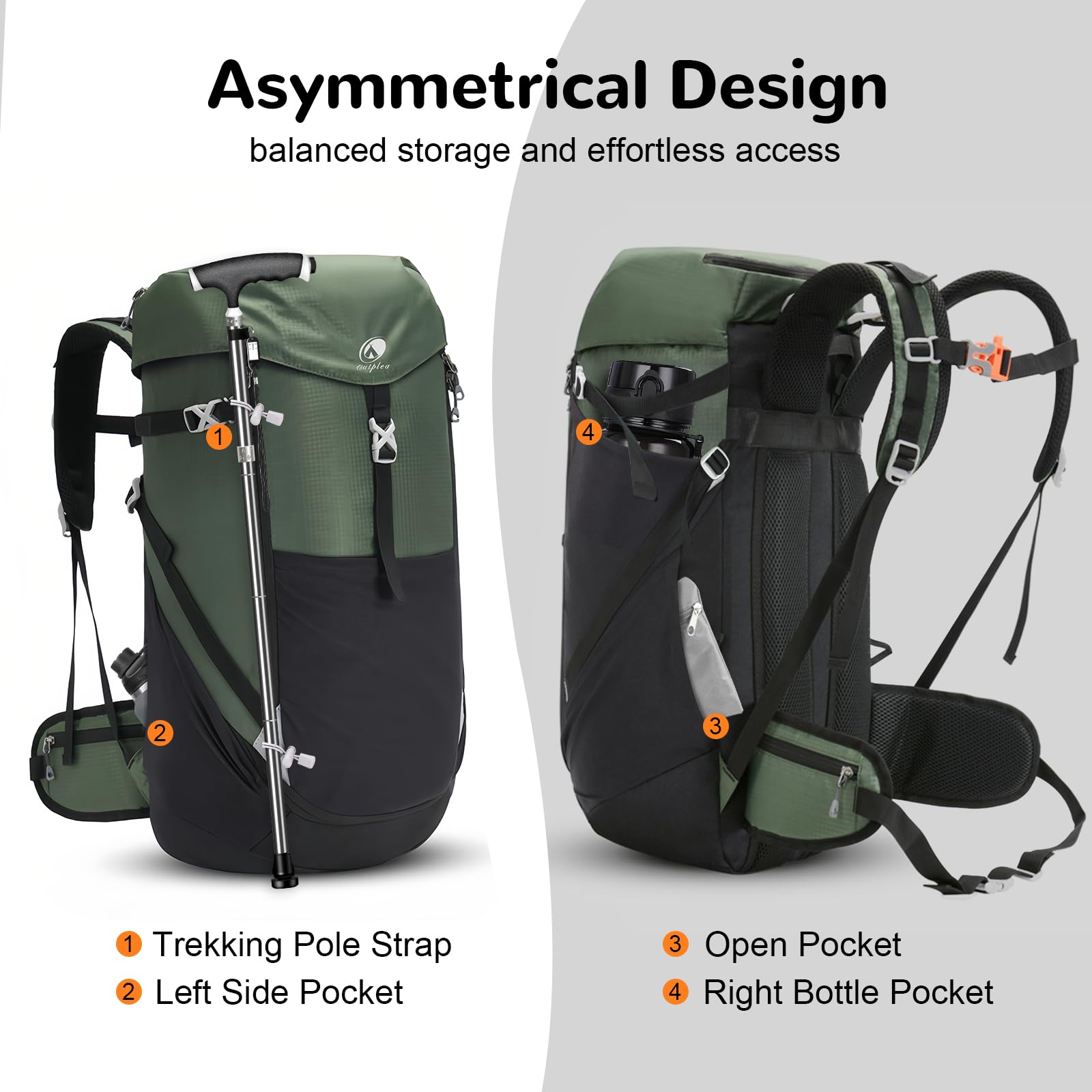 50L Zaino da Trekking con Apertura Frontale, Zaino da Viaggio Impermeabile per Campeggio Escursionismo, Grande Zaino da Montagna Leggero per Sport Alpinismo Avventura, Verde