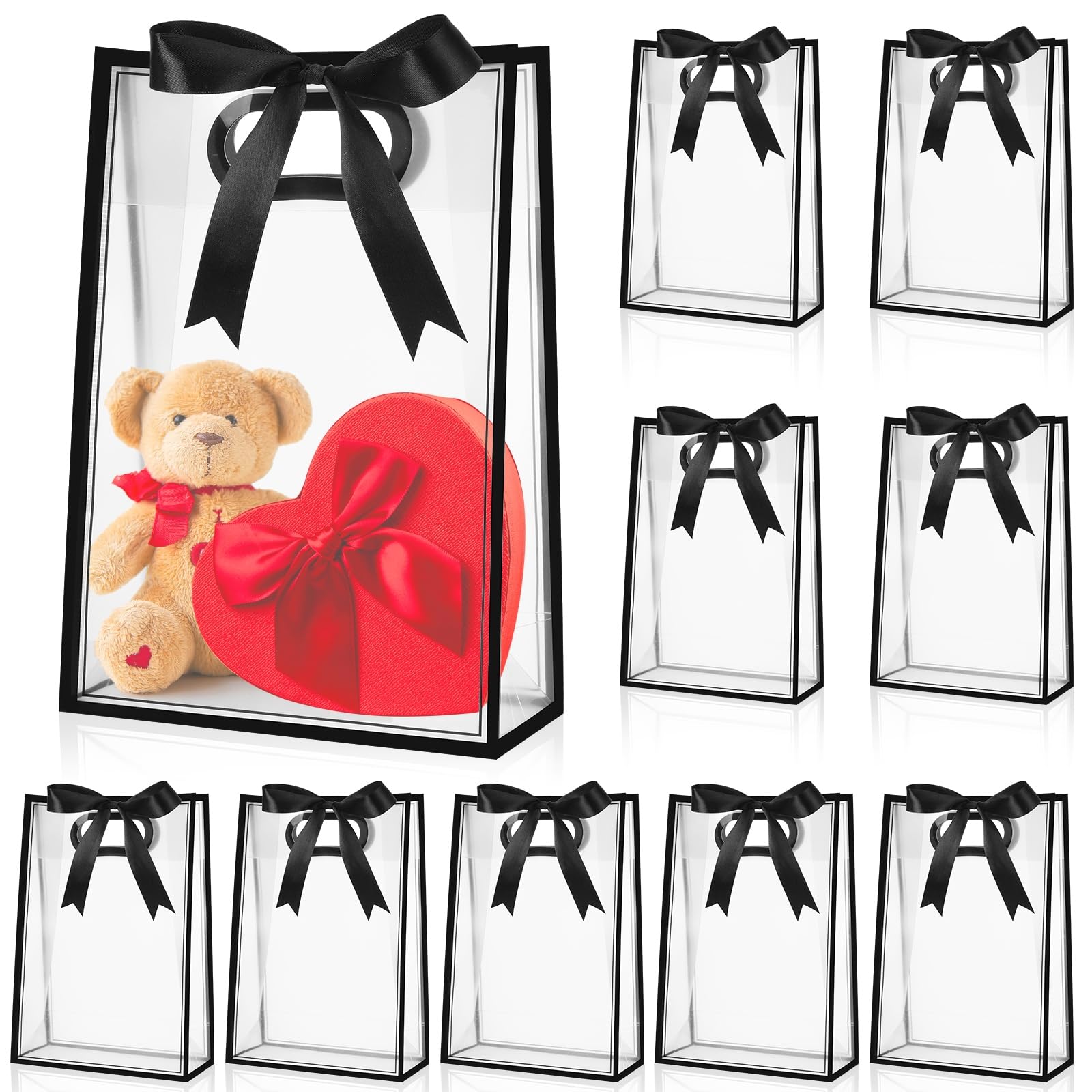 Aliceset 24 Pcs Clear Plastic Gift Bag with Die Cut Handles Reusable PP Favor Bag with Ribbon for Wedding Bridal Birthday Baby Shower Party Small Business, 7x10x3.15 Inch(Black)