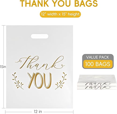 Miniatura 3 de POPGIFTU Bolsas de agradecimiento de 12 x 15 pulgadas, bolsa de compras de plástico blanco con asas troqueladas, paquete de 100 bolsas de mercancía