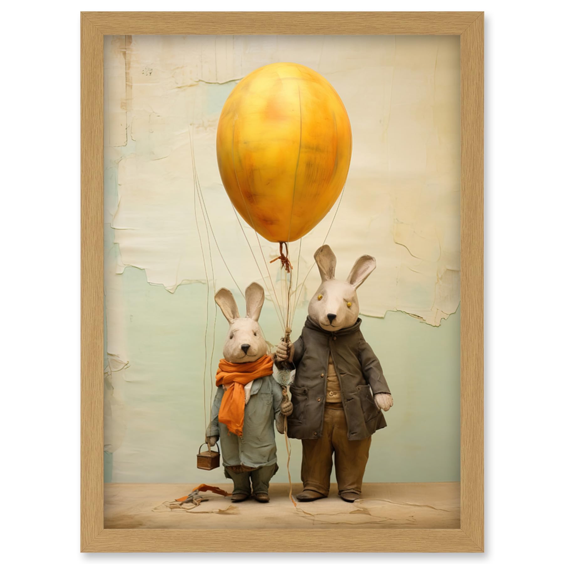 Artery8 Cute Nursery Artwork Rabbits and Balloon Adventure Oil Painting Artwork Framed Wall Art Print A4