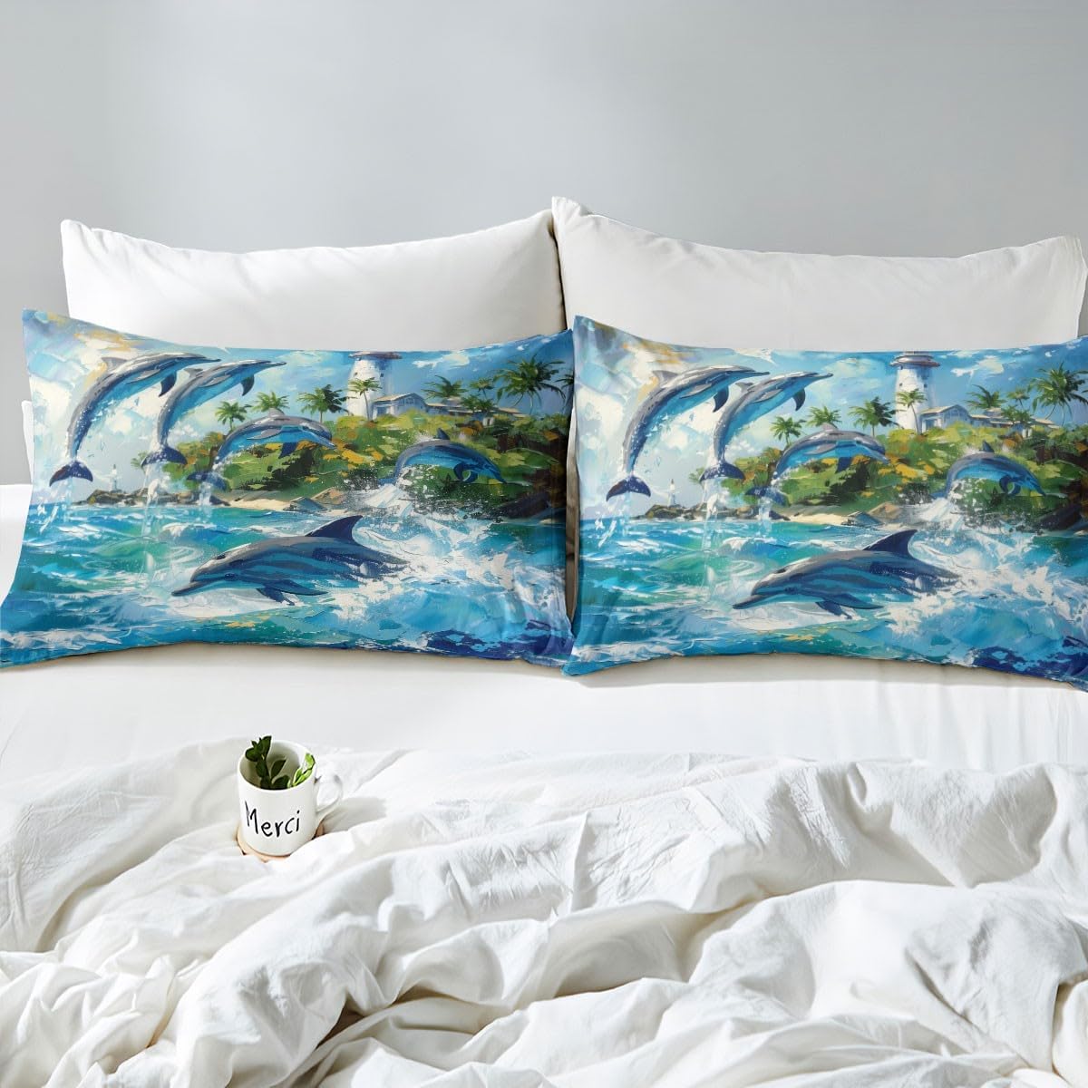 Erosebridal Blue Dolphin Bedding Set Toddler Size,Nautical Theme Comforter Cover Sea Animal Duvet Cover Coastal Lighthouse Quilt Cover for Kids Boys Girls Bedroom Decor