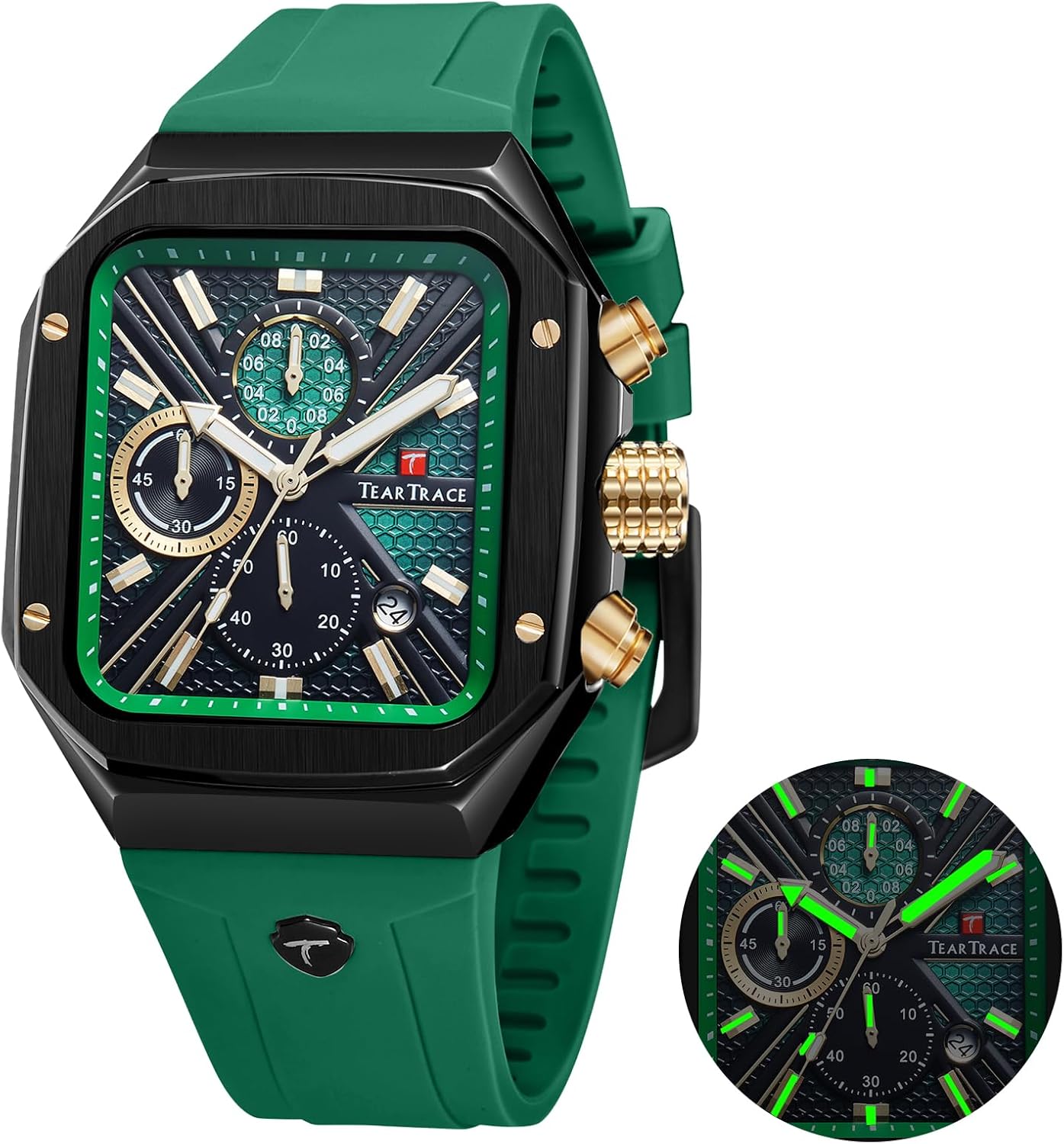 Rectangle Mens Watches Luminous Waterproof Luxury Dress Men's Wrist Watches Chronograph Analog Square Watch for Men with Silicon Strap