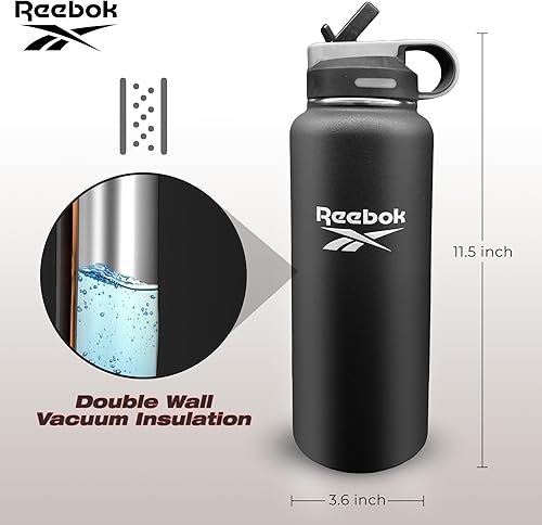 Miniatura 4 de Reebok Botella de agua de acero inoxidable con diseño de popote y estilo de vida, botellas de agua aisladas de 40 onzas, botella de agua deportiva
