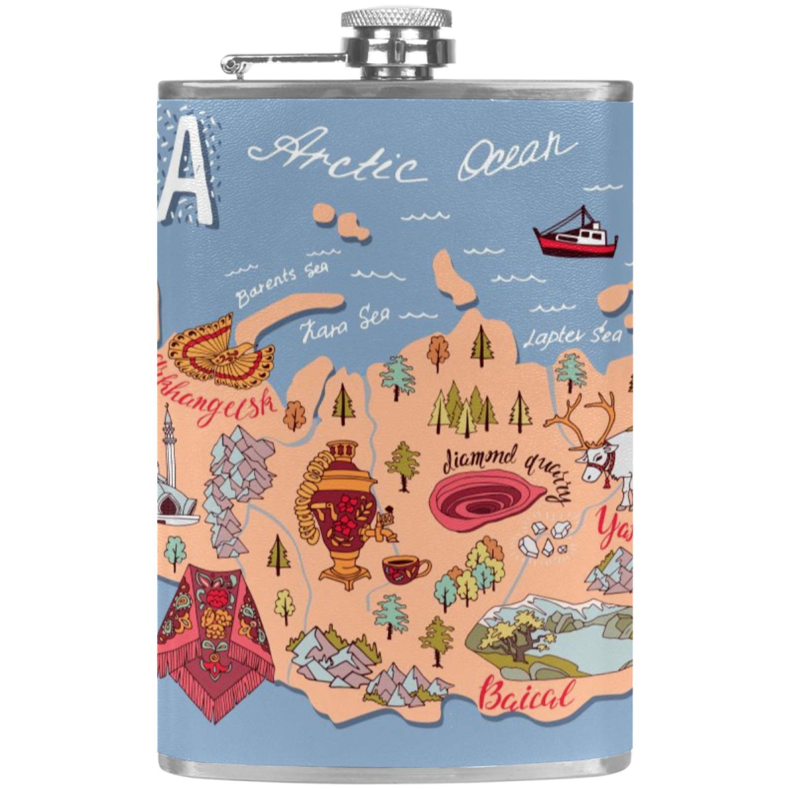 Flasque à whisky de poche avec motif carte de la Russie et cuir