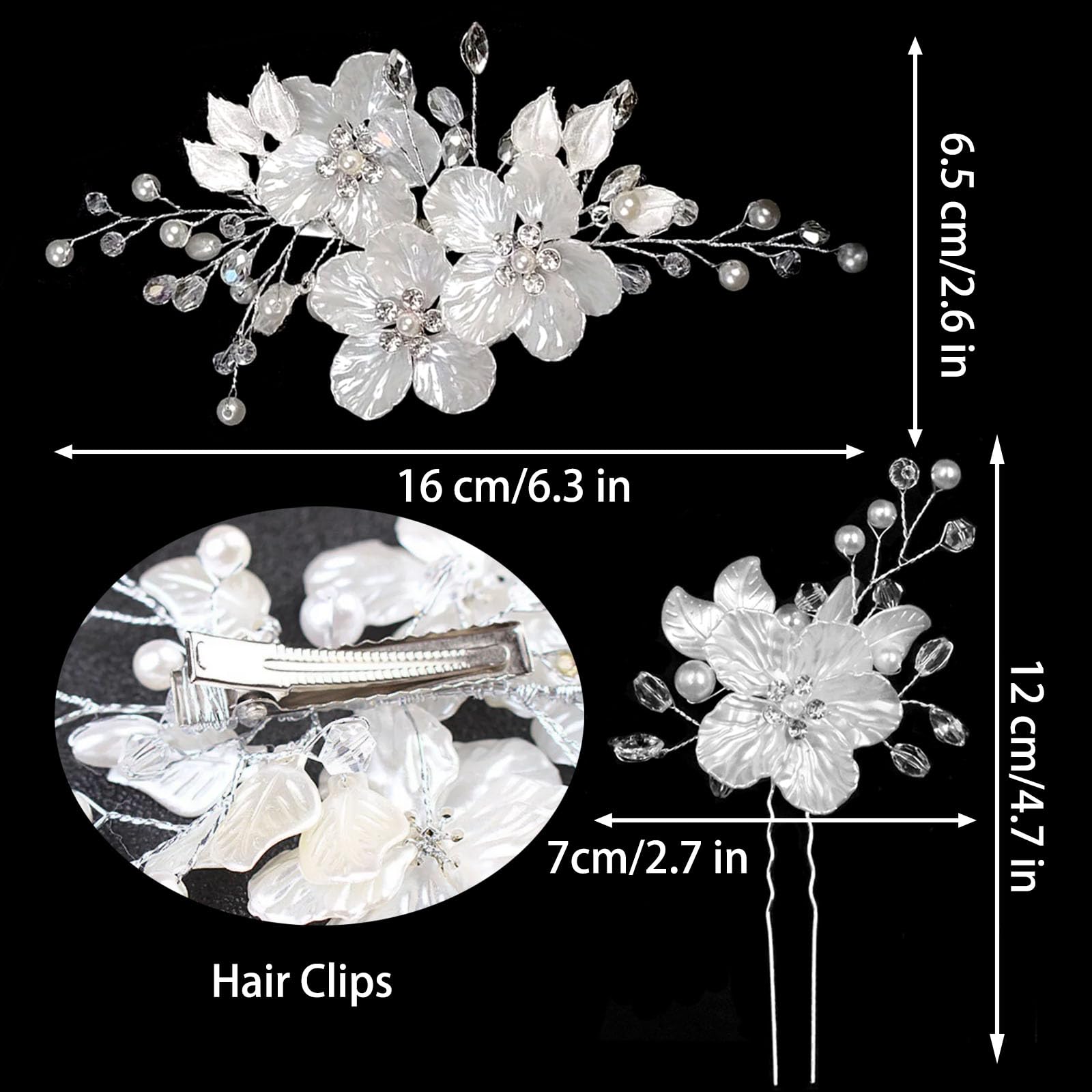 3 forcine per capelli da sposa con perle di cristallo, accessori per capelli da sposa, gioielli con strass, glitter in rilievo fiore bianco