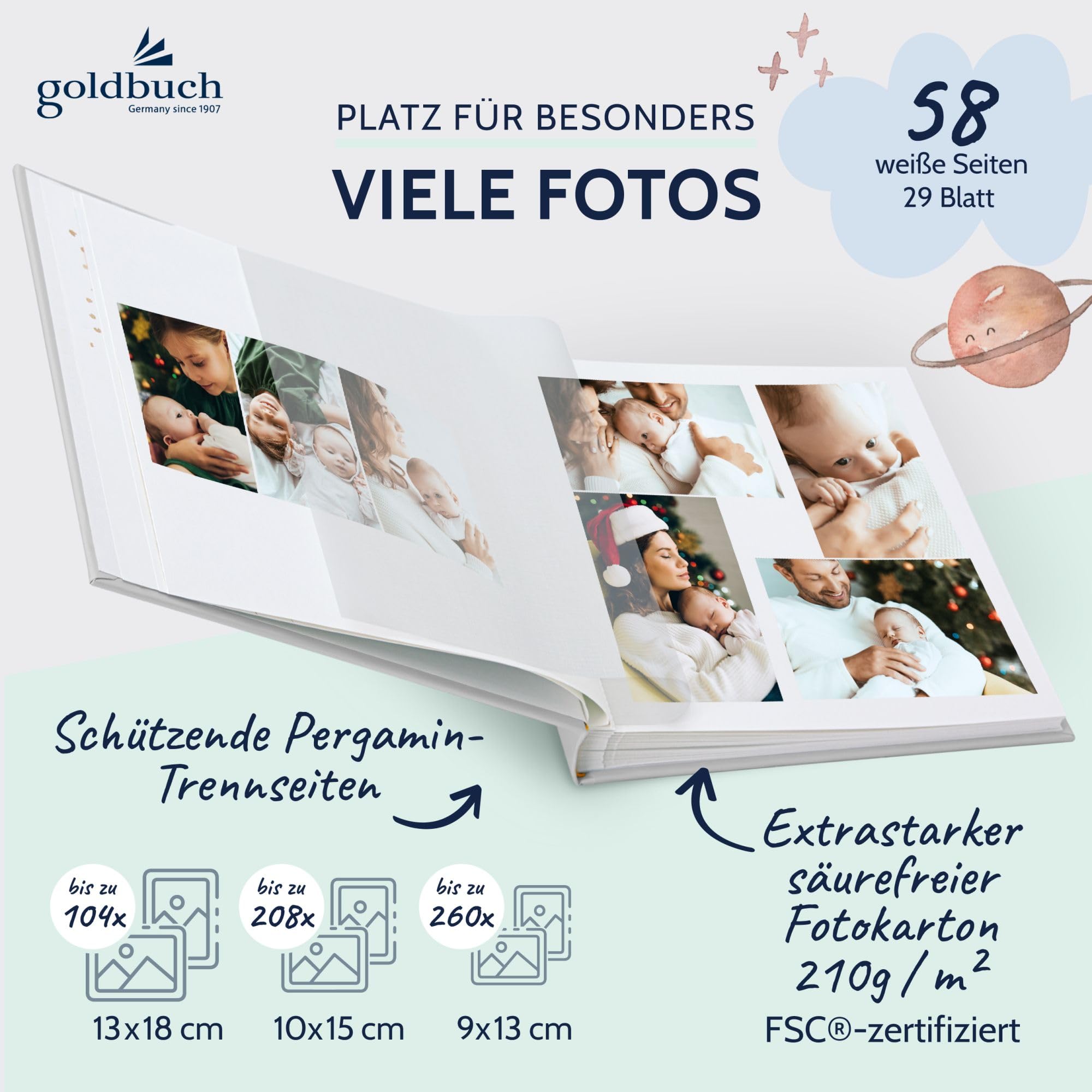goldbuch 15 498 Baby Album Full of Wonders in Space Design, Linen Texture Photo Album with 58 White Blank Pages - Image 4