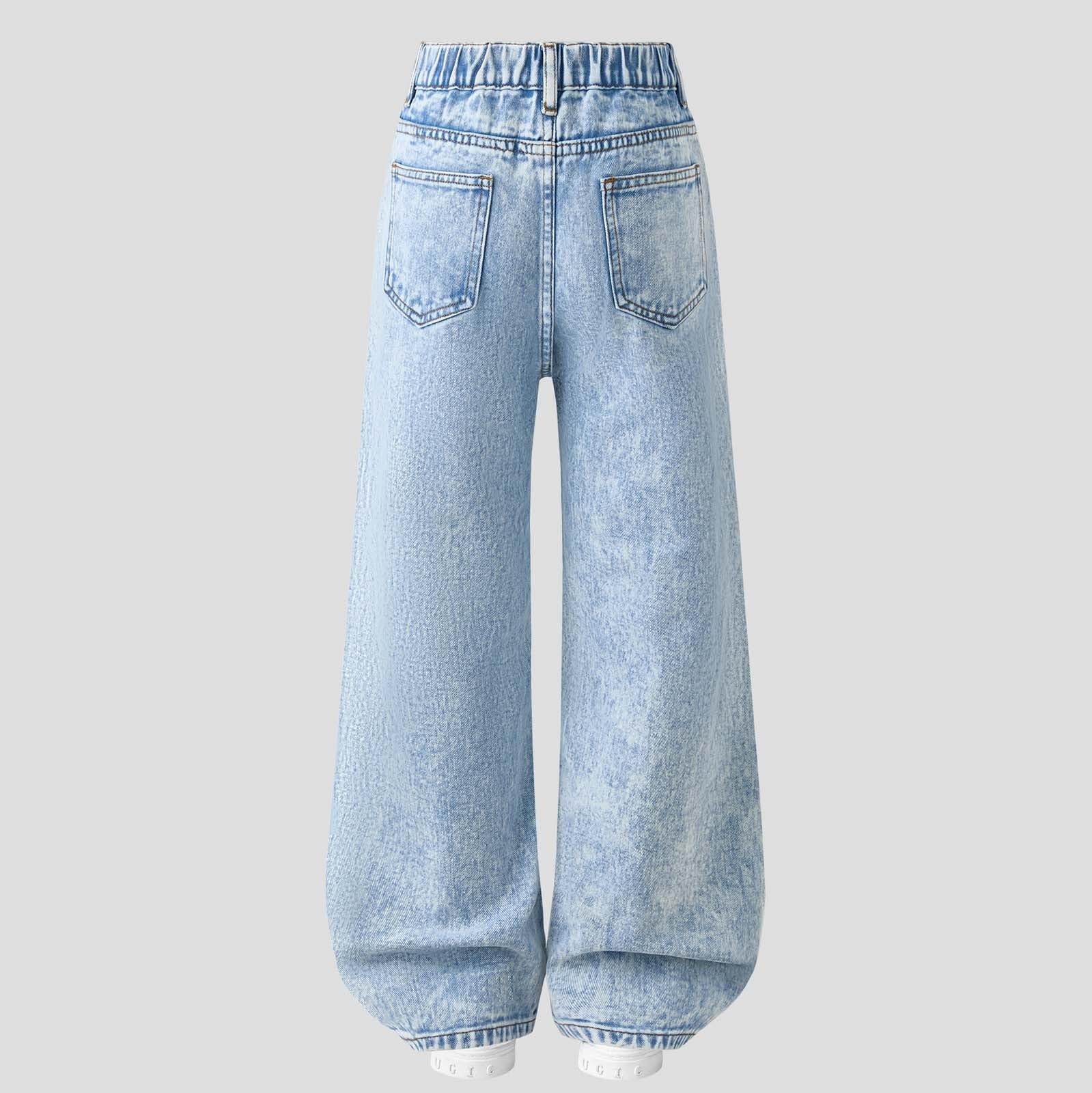 Girl Jeans Weites Bein Jeanshose Kinder Teenager Kinder High Waist Weite Bein Trend Jeanhosen Hose Muster mit Taschen Outdoorhose Jahreszeitliche Jeans für Schüler Schul Outfits