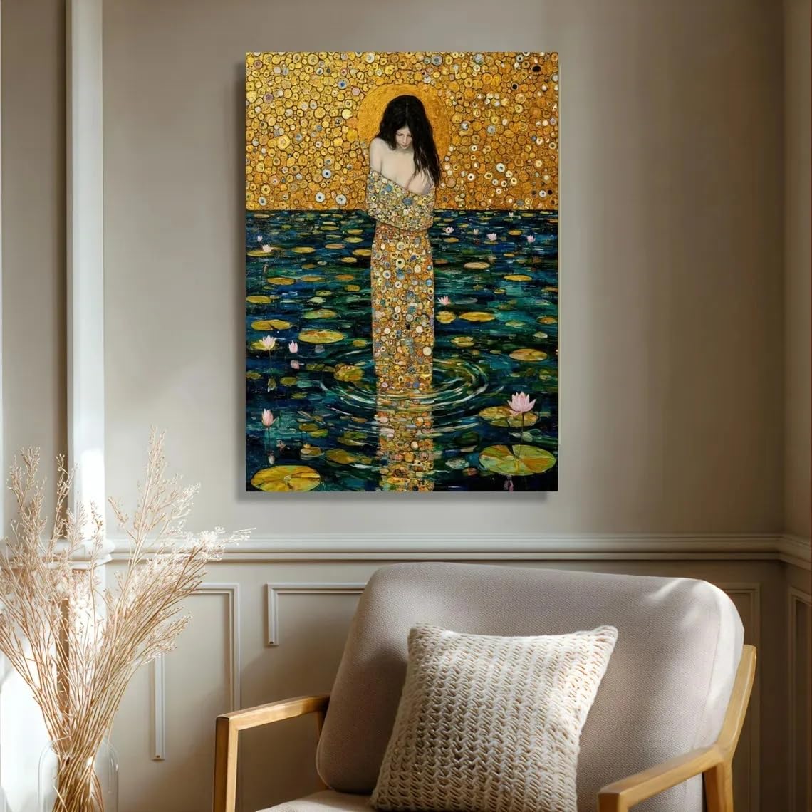 Gustav Klimt Serpiente de Agua Lienzo Arte de Pared Mujer Abstracta en el Agua Póster Impresión Lienzo Pintura Decoración del Hogar (30x45cm/marco interno)