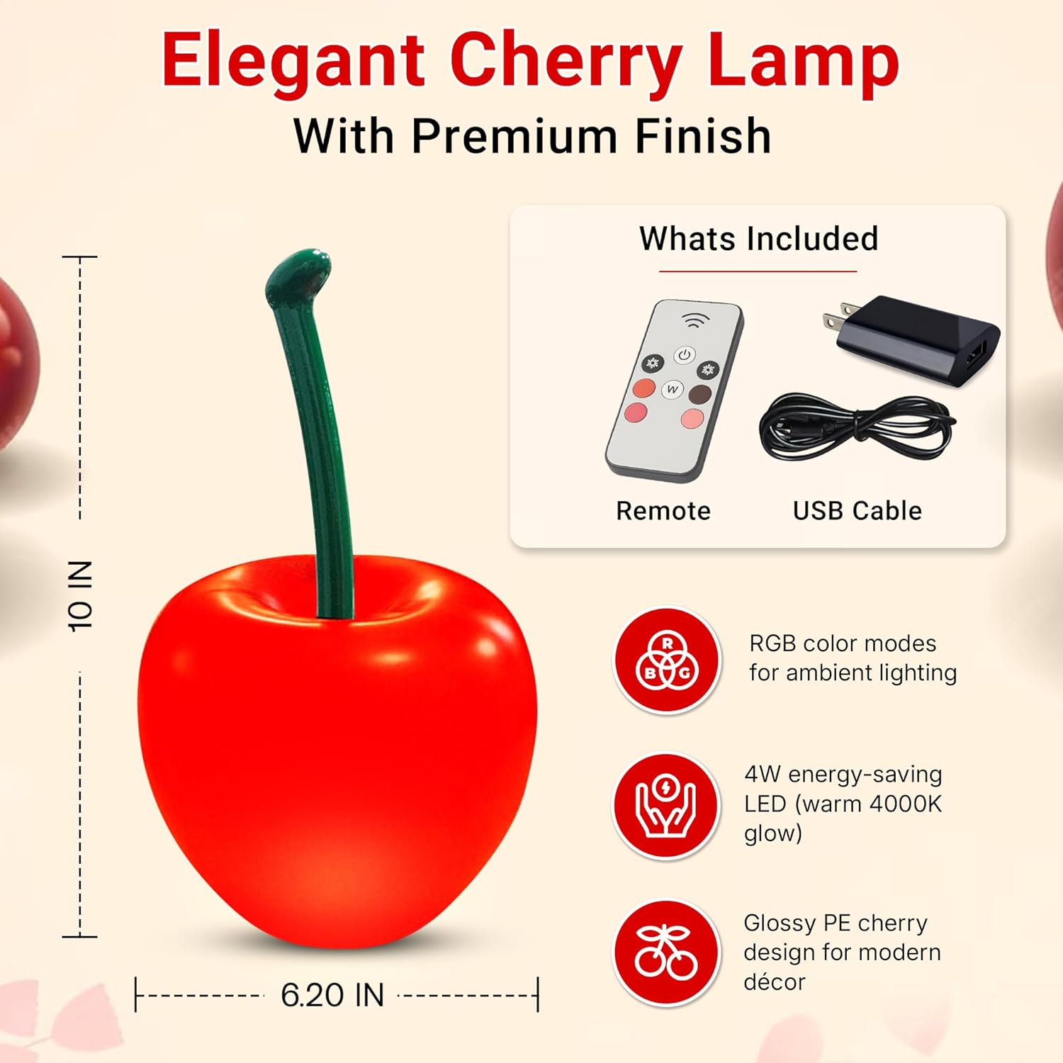 Cherry Lamp LED Light – Unique Red Table Lamp for Bedroom, Nightstand or Living Room, Funky and Modern Desk Lamp, Small Decorative Cherry Bedroom Decor