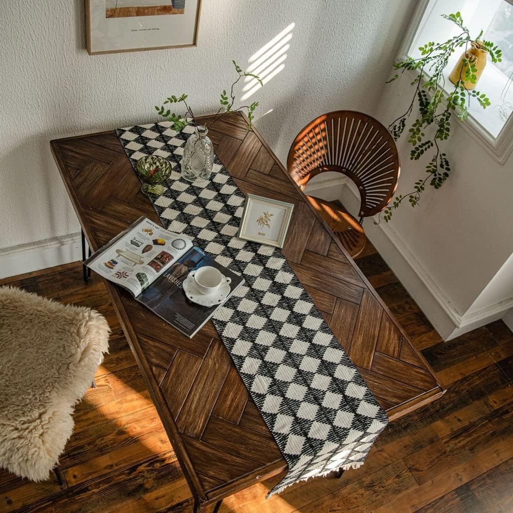 Table Decoration Table Runner Cotton Thread Black and White Woven Table Runners for Home Party Decor(34x350cm)