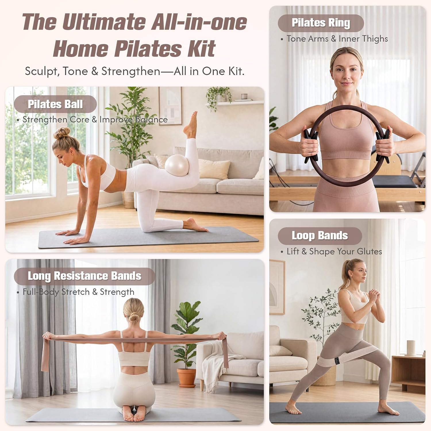 GINMIC Pilates Kit, Pilates Equipment for Home Workouts, at Home Pilates Set with Complete Accessories: Pilates Ring, Pilates Ball, Long and Loop Resistance Bands, Socks, Massage Ball, Guide & Bag