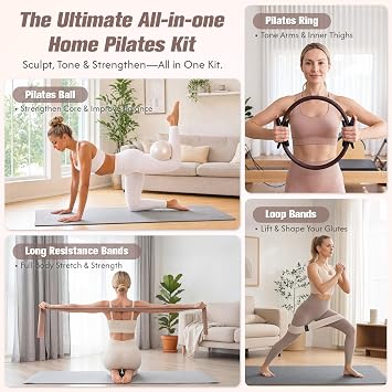 GINMIC Pilates Kit, Pilates Equipment for Home Workouts, at Home Pilates Set with Complete Accessories: Pilates Ring, Pilates Ball, Long and Loop Resistance Bands, Socks, Massage Ball, Guide & Bag