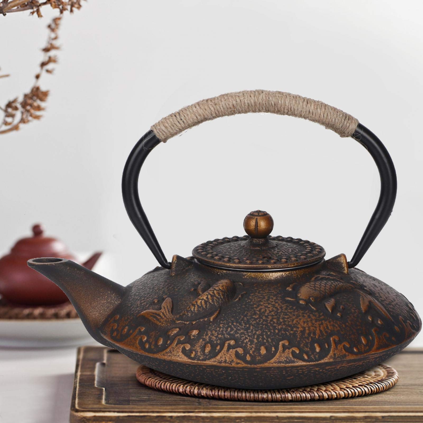 Tetera De Hierro Fundido, Tetera De Hierro Fundido De Peces Koi De Estilo Japonés Con Infusores Para Té Suelto Tetera De Metal Con Tapa 900 Ml