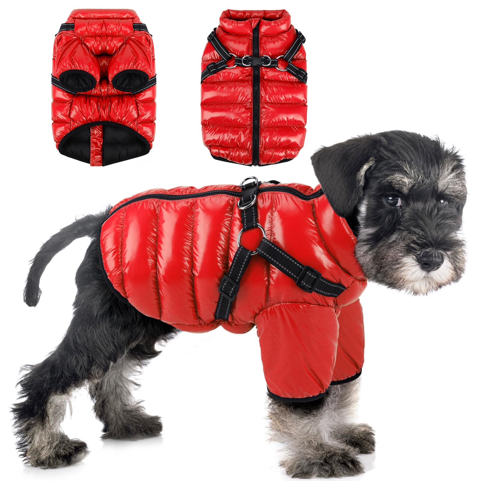 WoiilDog Coat Jacket, Winter Dog Coat Waterproof with Harness Dog Warm Coat, Puppy Jacket Warm Padded Puffer Pet Windproof Dog Jacket Vest for Teddy, Chihuahua (Small, red)