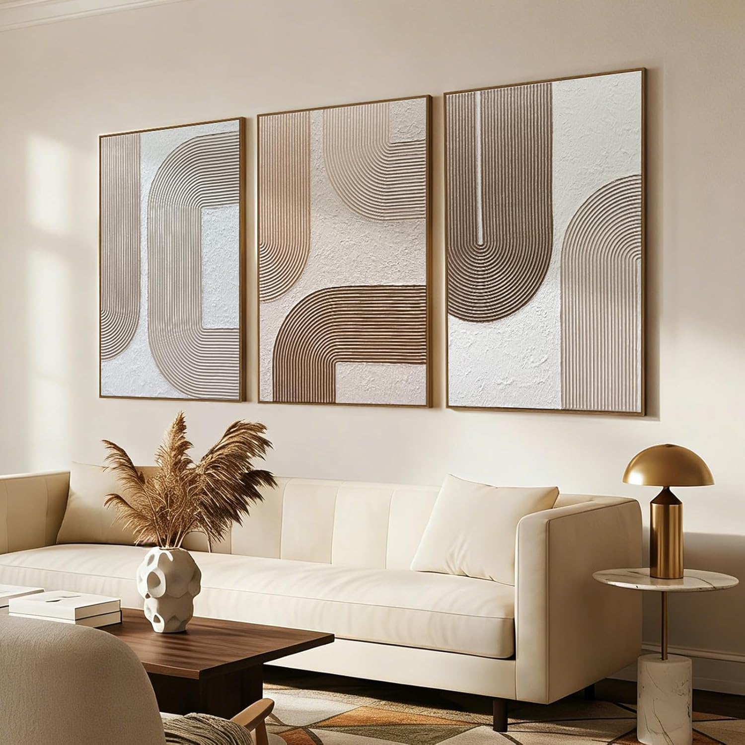 SAFERRYHOME Boho Neutral Textured Wall Art Hand Painted, Minimalist Geometric Wall Decor Framed, Large Modern Earth Tone Artwork Thick Texture Painting for Home, Office, Living Room, 24"x36"x3