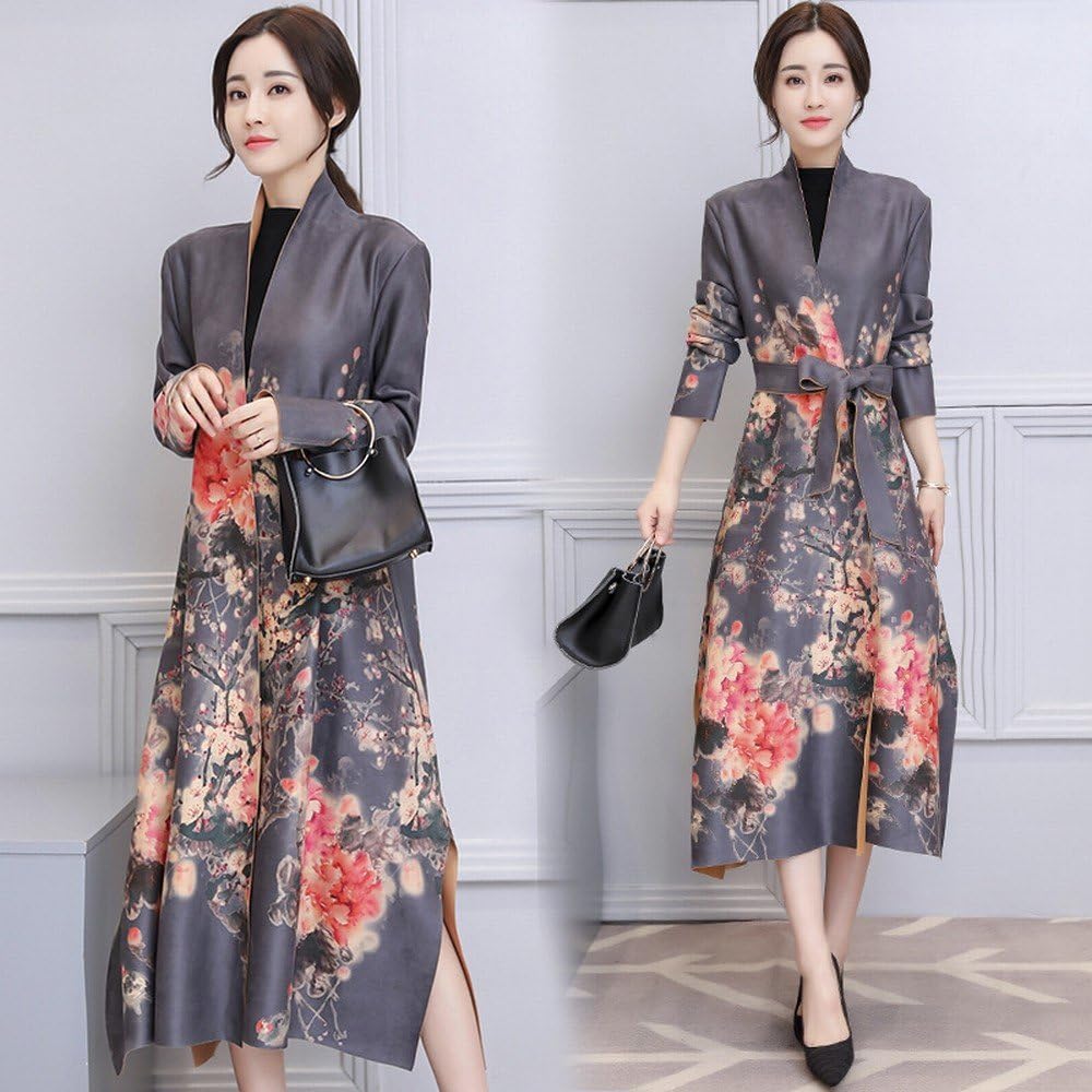 NSFY Printed Windbreaker Jacket Women 'S Long Section of Self-Cultivation Dignified Temperament Coat,Gray,2XL