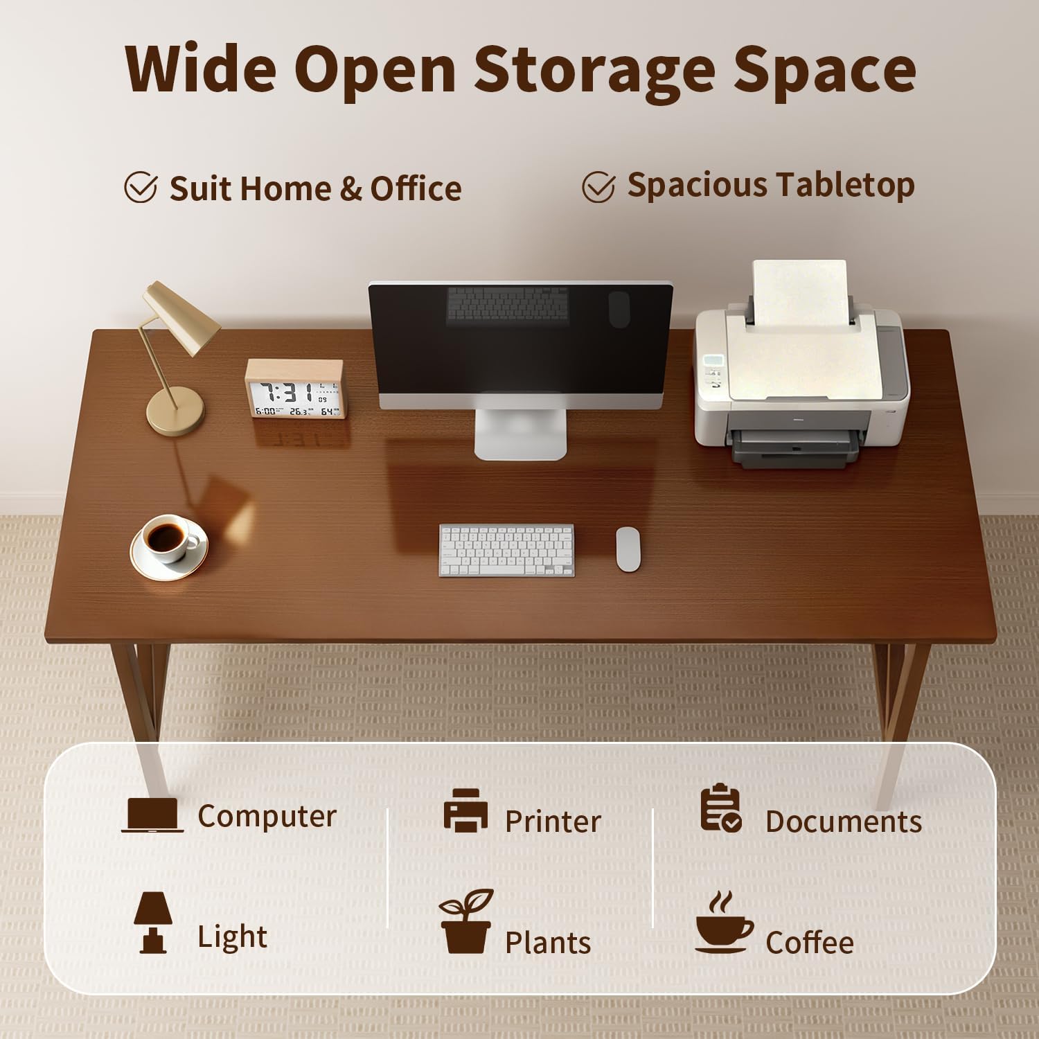 Modern Solid Wood Desk - 60" Simple Computer Table for Home Office Study Writing Workstation in Walnut, 60" W x 24" D