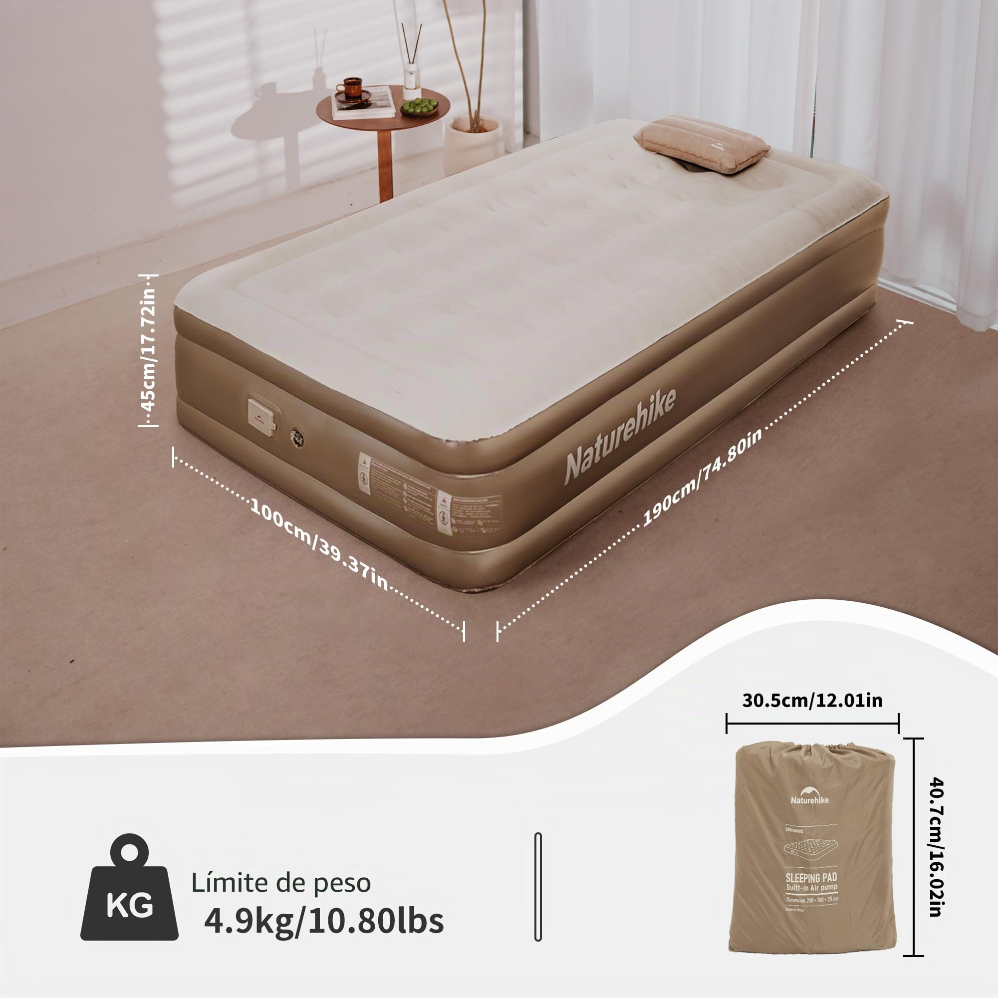 Naturehike Colchón Hinchable 1 Persona con Bomba Integrada Recargable - 190x100x45cm Cama Hinchable para Camping y Casa - Colchón Inflable Portátil y Resistente