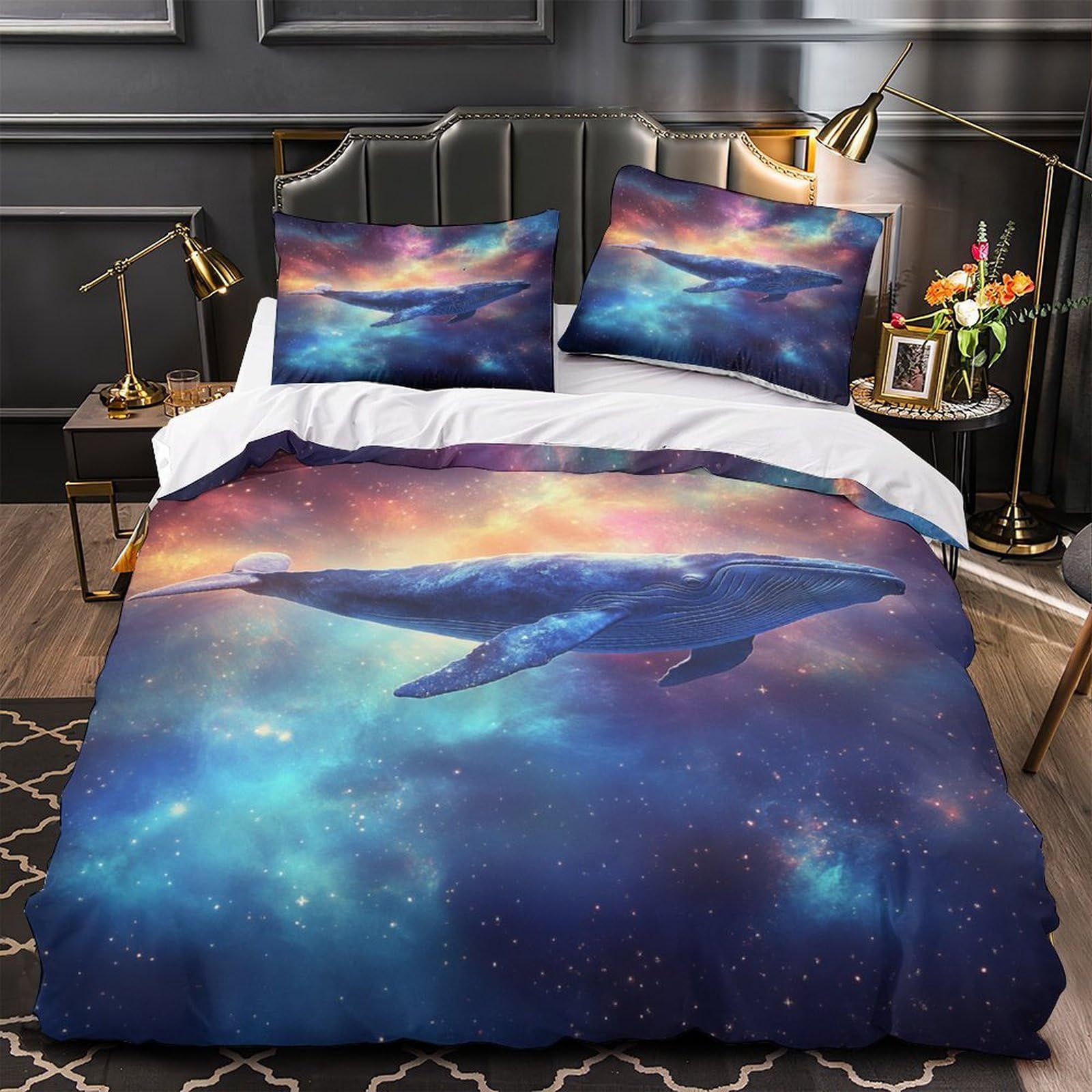 Housse de couette fantastique avec baleine spatiale et 2 taies d'oreiller 260x220