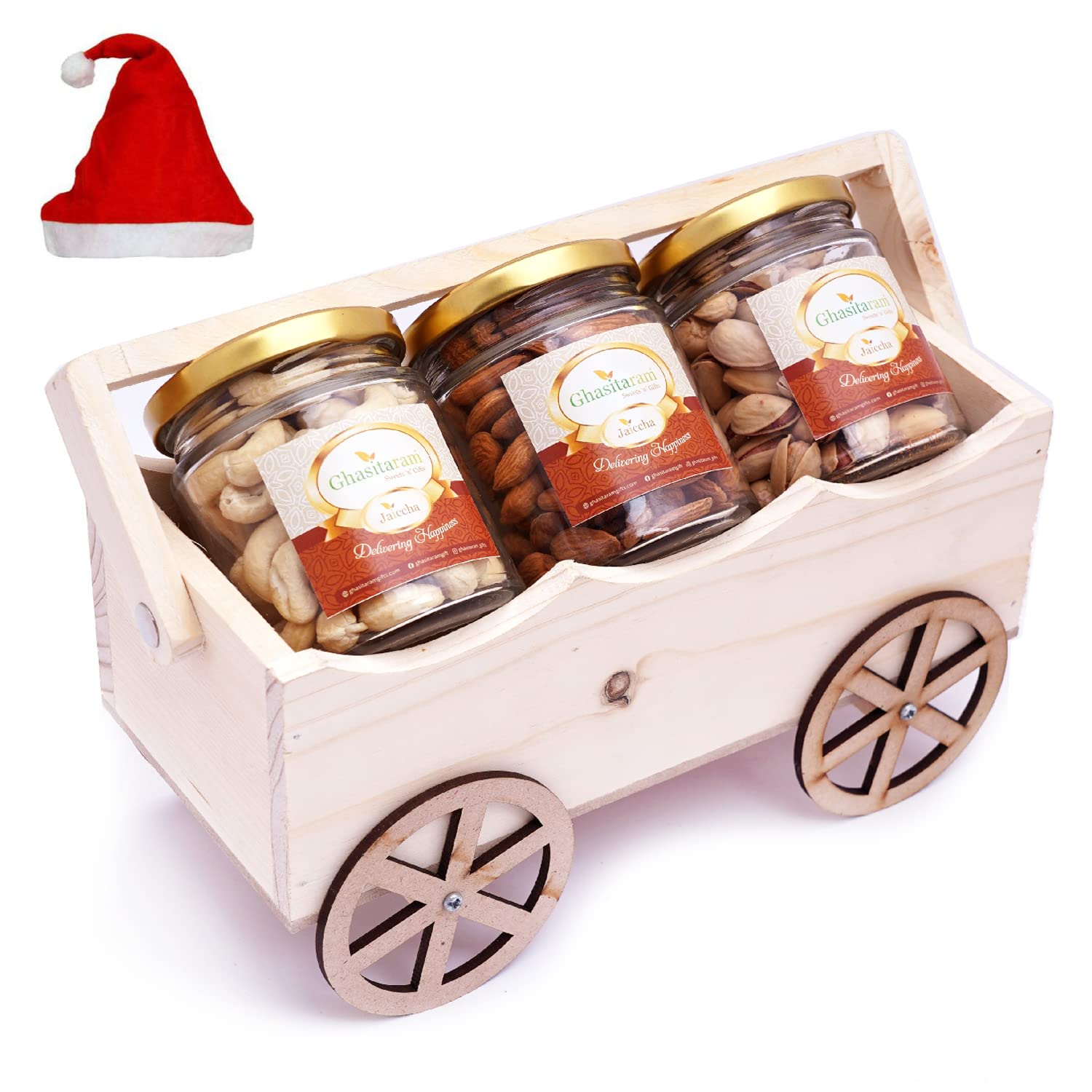Ghasitaram Gifts Christmas Gifts Natural Wooden Cart with Almonds, Cashews and Pistachios Jars