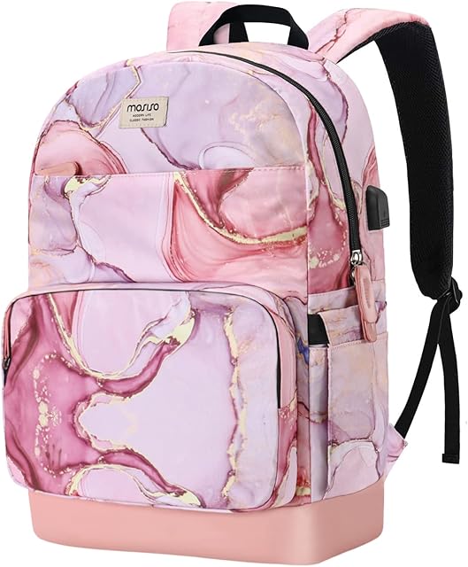 MOSISO 15.6-16 inch Laptop Backpack for Women Girls, Polyester Anti-Theft Stylish Casual Daypack Bag with Luggage Strap&USB Charging Port, Travel Business College School Bookbag, Marble MO-MBH216,Pink