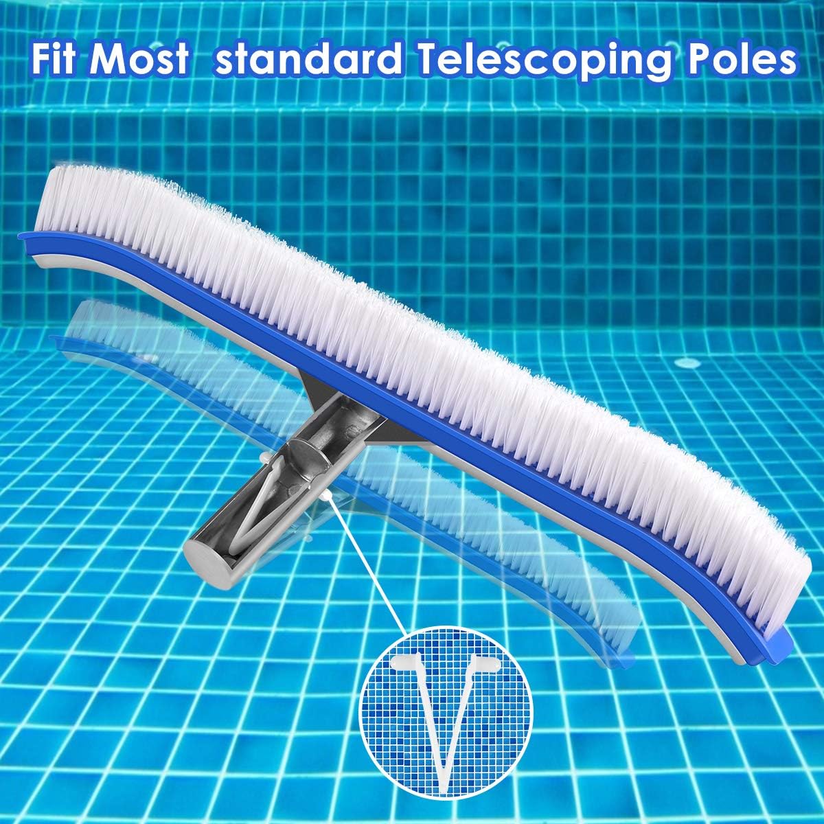 Swimming Pool Wall & Tile Brush,18" Polished Aluminum Back Cleaning Brush Head Designed for Cleans Walls, Tiles & Floors, Nylon Bristles Pool Brush Head with EZ Clips : Patio, Lawn & Garden