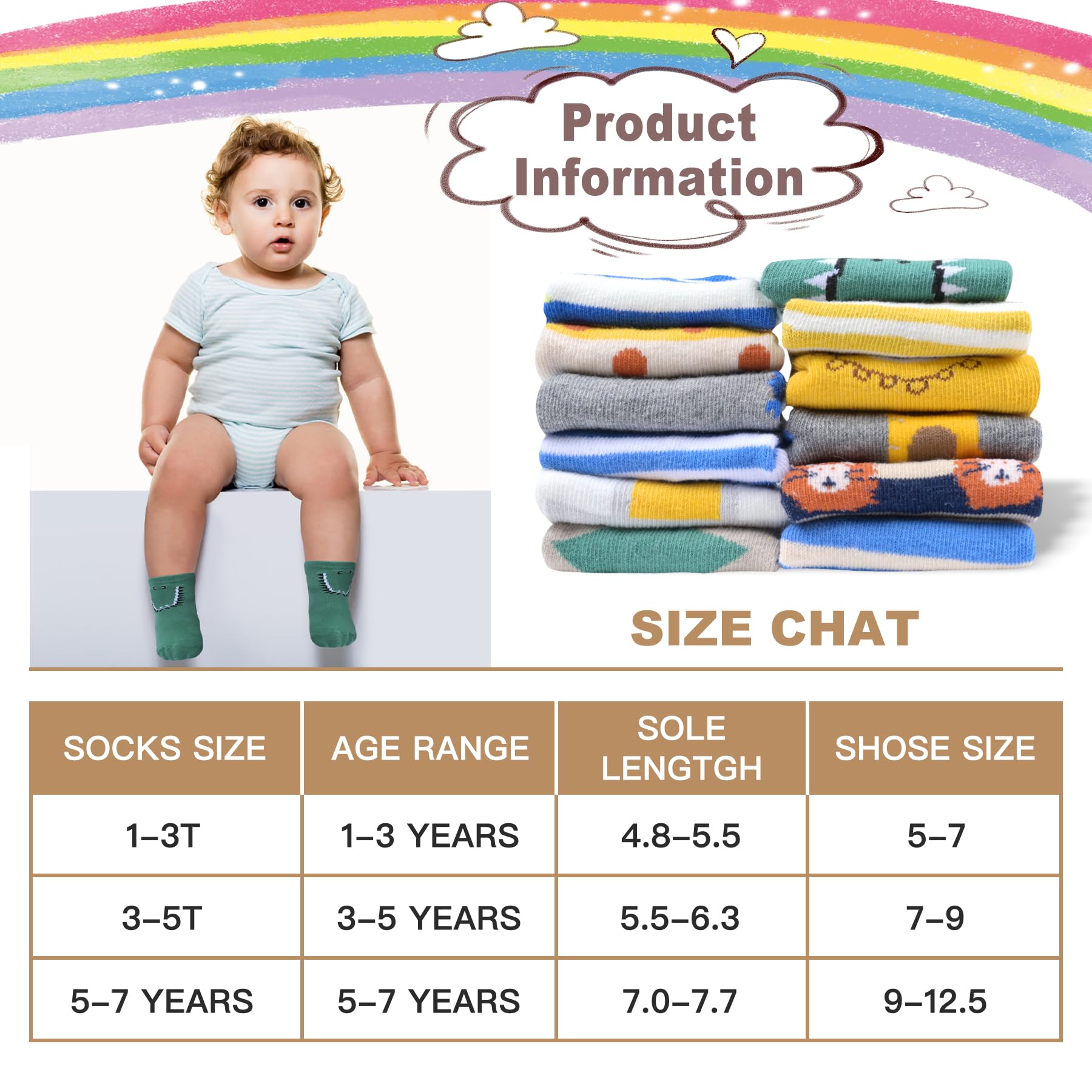 Calcetines SkiBeaut 12 pares de calcetines antideslizantes para niños y niñas de algodón para niños de 1 a 3/3 a 5/5 a 7 año