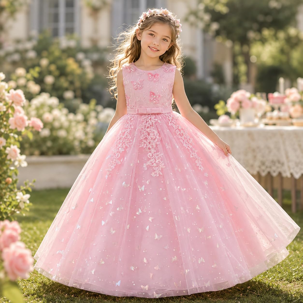 Vestido de fiesta para niña, vestido de princesa de tul con lentejuelas | Vestido festivo para niña con encaje floral bordado y tul multicapa, para bodas, cumpleaños y desfiles