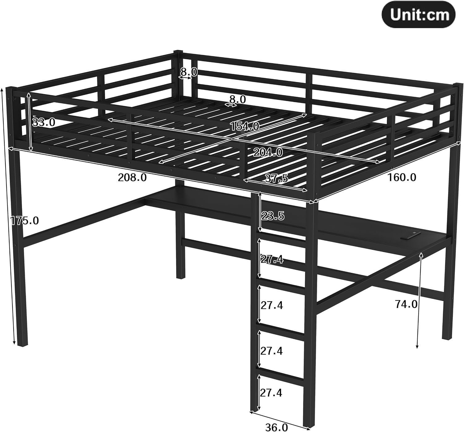 Bellemave Queen Loft Bed with Desk, Metal Queen Size Loft Bed Frame with Built-in Ladder, LED Loft Beds with Charging Station & Safety Guardrails for Kids,Teens, Adults, Black Wood