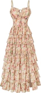 Scarlet Darkness Women's Floral Corset Wedding Guest Dress Lace Up Summer Spring Tiered Formal Maxi Dresses