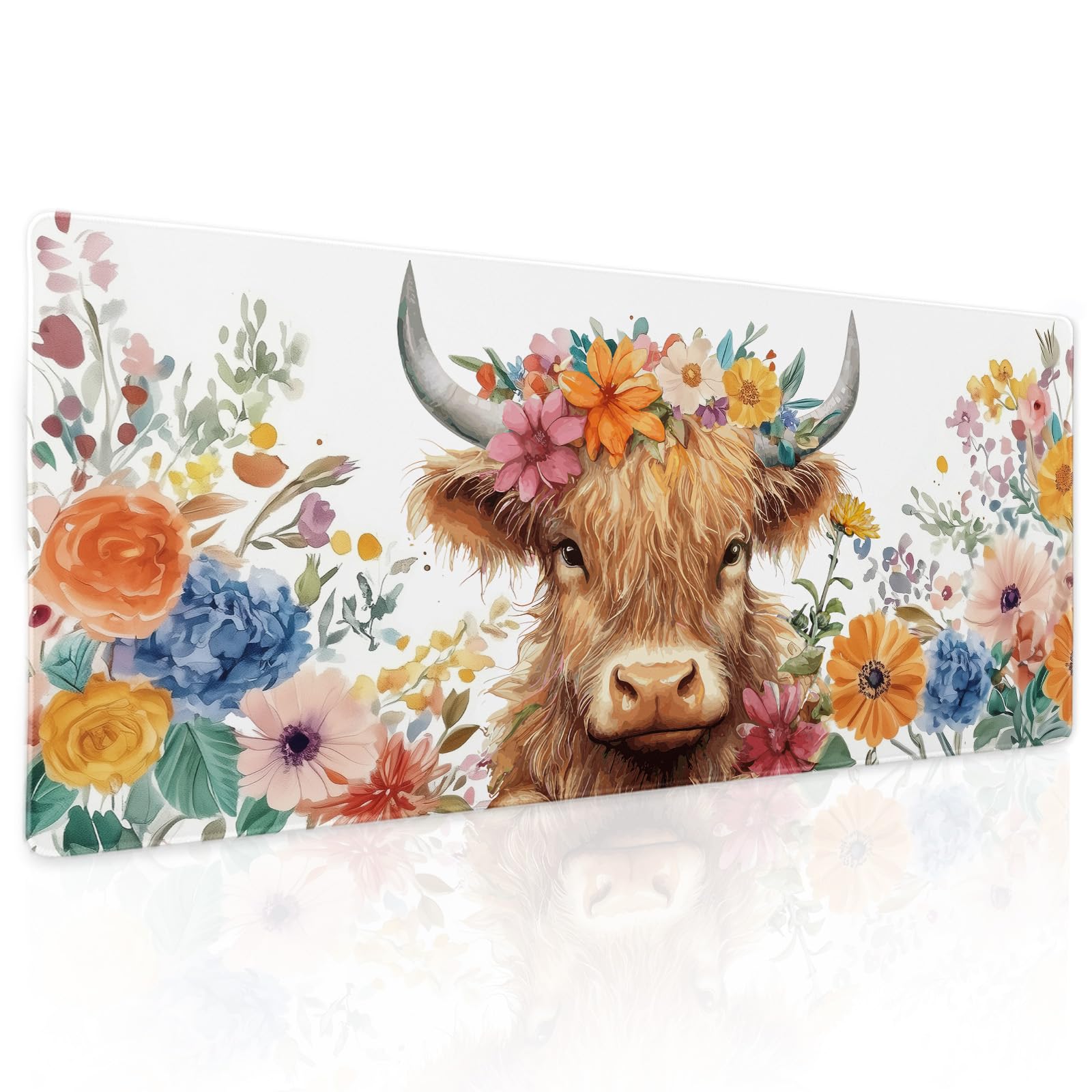 Aesthetic Highland Cow Gaming Mouse Pad XL Cow Print Blue Orange Floral Extended Large Mat Mousepad Desk Pad Non-Slip Rubber Base Stitched Edge Flower