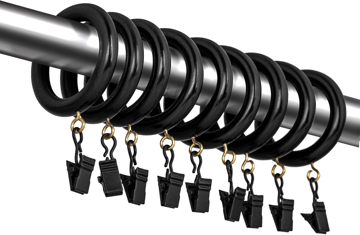 Black Curtain Clip Rings with Hooks – Polished Shower & Drapery Rings – 3 Inch Outer, 2.2 Inch Inner Diameter – Set of 48
