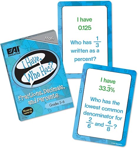 EAI Education Yo tengo, quién tiene? Fracciones, decimales y porcentajes Juego: Grados 5-6