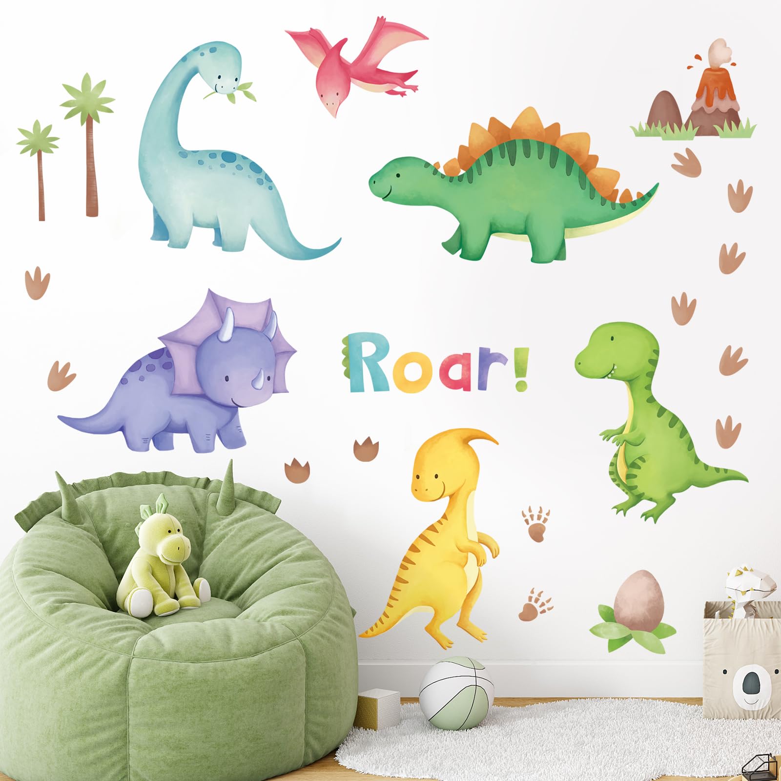 Stickers muraux dinosaures aquarelle pour deco chambre enfant